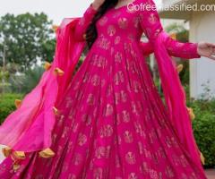 Pure Rayon Foil Print Gown In Pink Colour